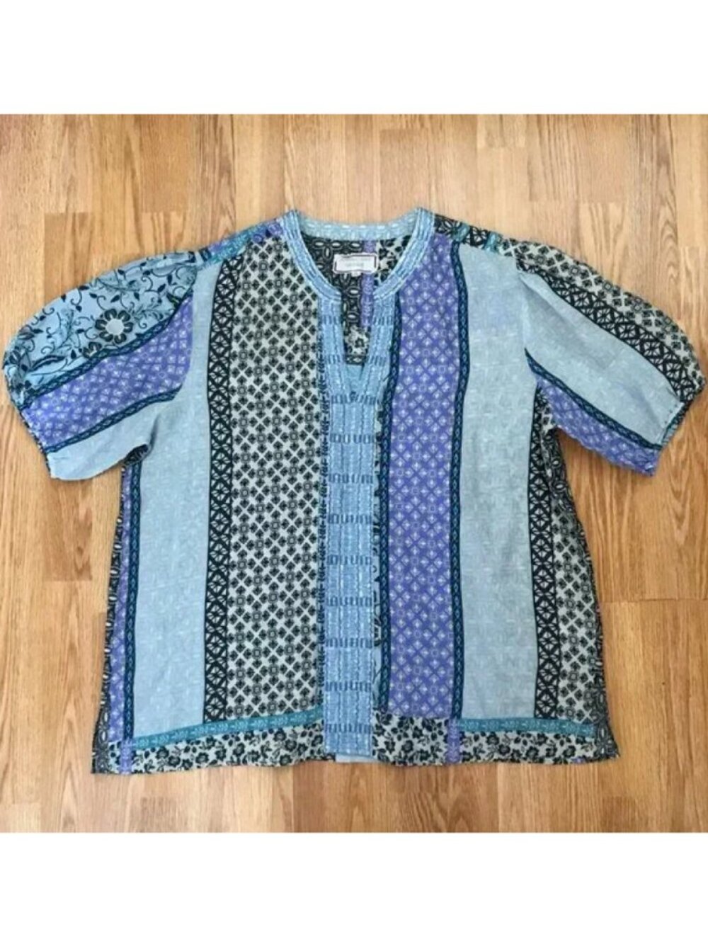 Johnny Was Workshop Embroidered Floral Blue Patchwork Blouse XL - Picture 2 of 10